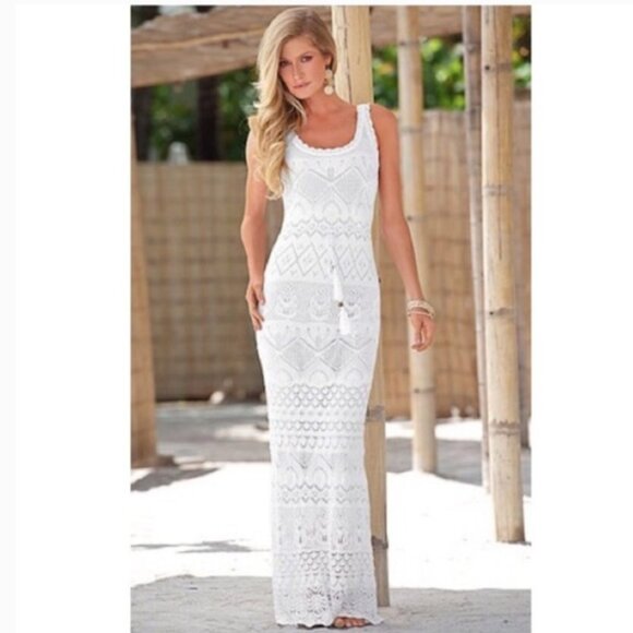 Venus Crochet Elegant Beaded White Lace Maxi Dress - Picture 2 of 4